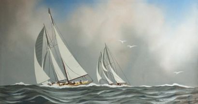Léon HAFFNER (1881-1972) « Deux goëlettes en course navigant tribord amure » Gouache...