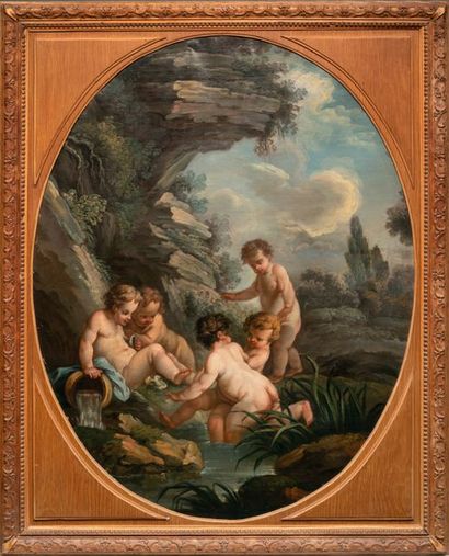 ECOLE FRANCAISE, première moitié du XIXe siècle Putti dans un paysage
Huile sur toile
79...