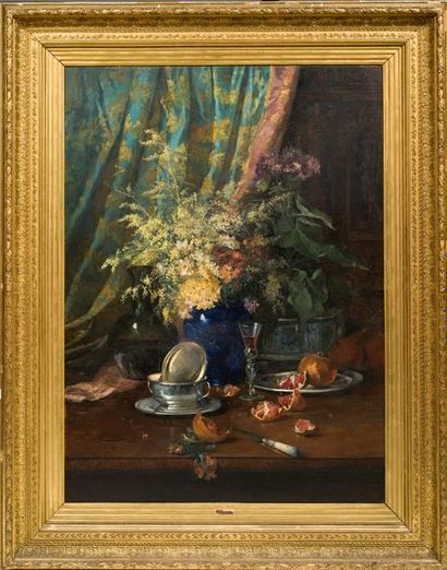 Louis Emile MINET (1850-1920/22) Fleurs, fruits et grenade, 1877
Huile sur toile
Signée...