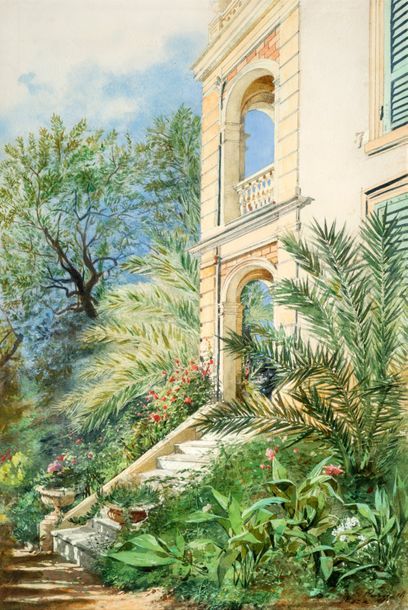 Giuseppe PURICELLI GUERRA (1832-1894) Jardin intérieur d'une villa à Nice, 1881
Aquarelle,...