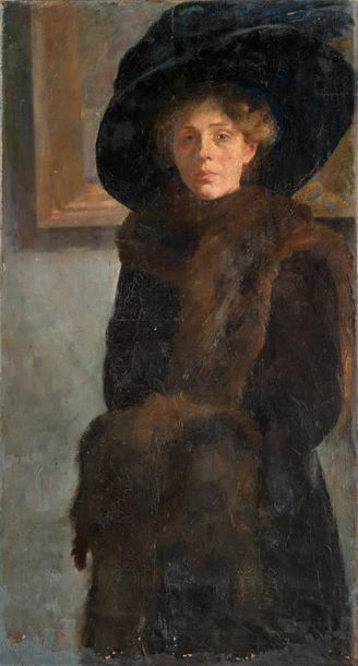 École française, vers 1900 Femme au grand chapeau
Huile sur toile
Signature indistincte...