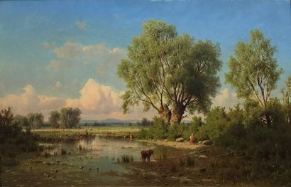 ADOLF CHWALA (1836-1900) Vaches et fermière au bord d'un étang
Huile sur panneau...