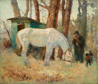 ZANAROFF (1885-1966) Cheval près de la roulotte, circa 1930
Huile sur toile
Signée...