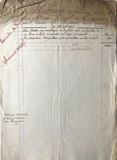 null BIJOUX. Mémoire manuscrit, apostillé et signé par le comte de Provence. ¼ p....