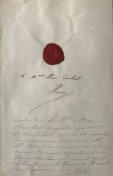 null COMTE DE CHAMBORD. L.A.S. à Sylvain Caubert. 1 p. ½ in-8. Frohsdorf, 14 janvier...