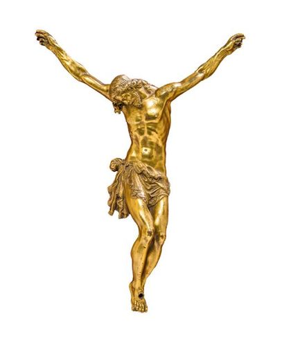 null Christ en bronze ciselé et doré, en croix est d'une très belle qualité. Sa tête,...