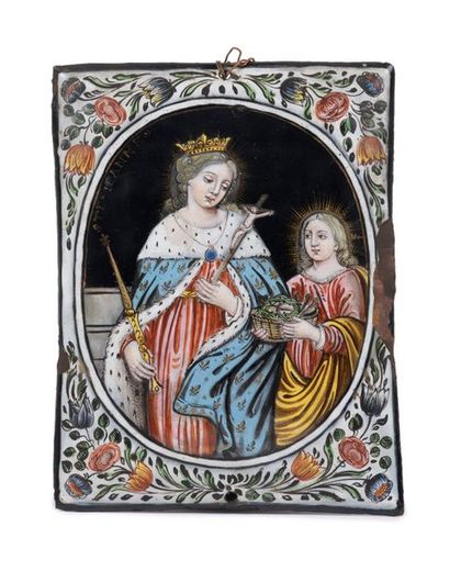 null Plaque en émail peint polychrome avec rehauts d'or représentant sainte Jeanne...