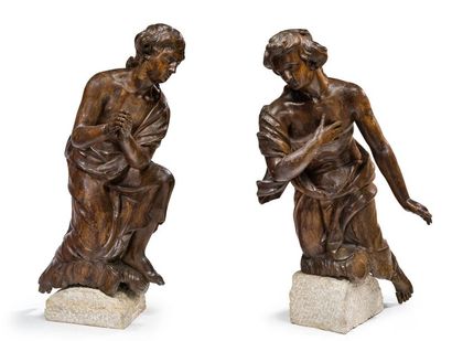 null Importantes paire d'anges agenouillés en adoration en bois sculpté et patiné.
Allemagne,...