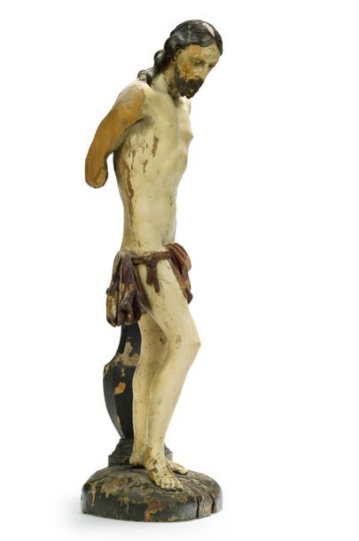 null Christ à la colonne en bois sculpté polychrome.
Allemagne ou Bohème. Fin XVIIème...