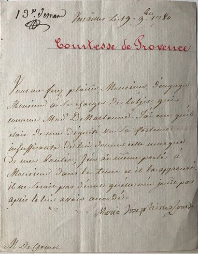 COMTESSE DE PROVENCE [Marie Joséphine de Savoie (1753-1810)]. Lettre signée «Marie...