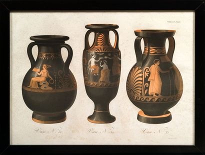 null Suite six gravures en couleurs représentant des vases grecs à figures rouges.
XIXe...