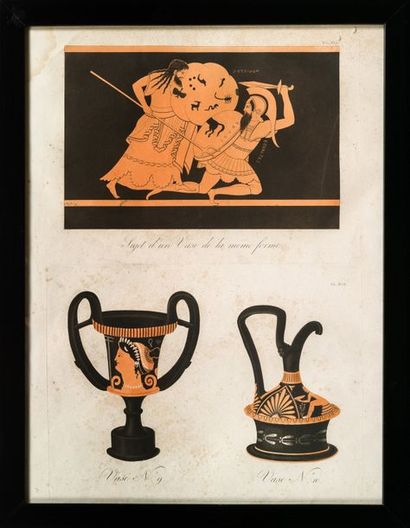 null Suite six gravures en couleurs représentant des vases grecs à figures rouges.
XIXe...