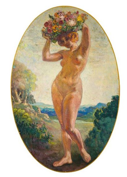 Harry BLOOMFIELD (1883-1941) Femme nue au bouquet
Papier marouflé sur panneau ovale....