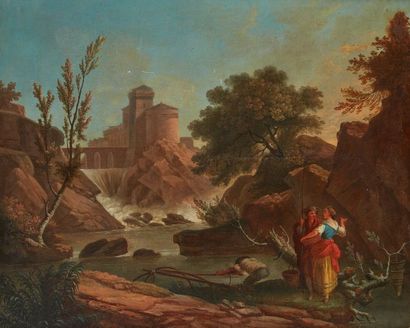 ECOLE FRANÇAISE, VERS 1790 Pêcheurs près d'une cascade
Toile 46,5 x 56 cm
Accide...