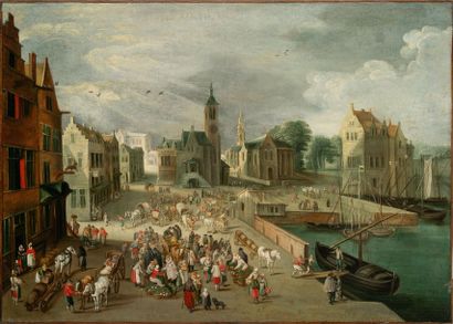 Ecole FLAMANDE, de la fin du XVIIème siècle, suiveur de Jan II BRUEGHEL Commerçants...