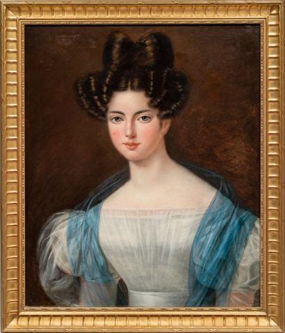 Ecole ANGLAISE, du début du XIXème siècle Portrait de femme à la robe bleue
Toile...