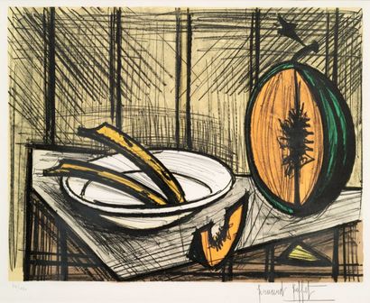 Bernard BUFFET (1928-1999) Nature morte à la pastèque, circa 1986
Lithographie couleurs,...