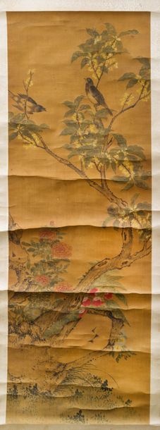 CHINE - Fin XIXe siècle Quatre encres et couleurs sur soie, martin-pêcheur et pivoines,...