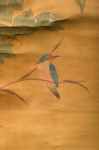 CHINE - Fin XIXe siècle Quatre encres et couleurs sur soie, martin-pêcheur et pivoines,...