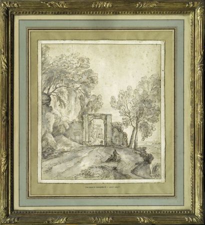 Ecole française, du XVIIIème siècle Paysage animé
Plume et encre brune, lavis brun,...