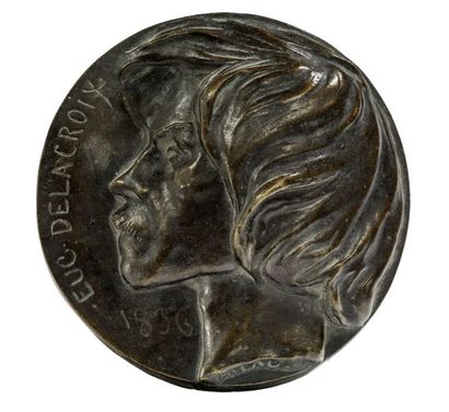 BLAU, XXe siècle Médaillon en bronze patiné représentant Delacroix de profil. Cachet...