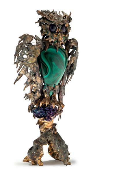SIDO & FRANÇOIS THÉVENIN, attribué à Sculpture en laiton brasé et malachite verte...