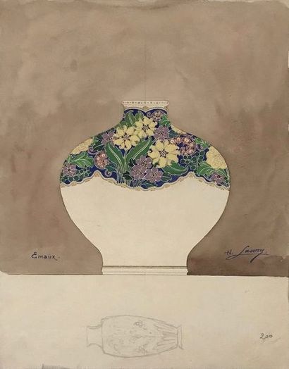 H.LASSERRE (Xxème) Ensemble de quatre projets de vases
Aquarelle et gouache sur papier
Signés
Dimensions:...