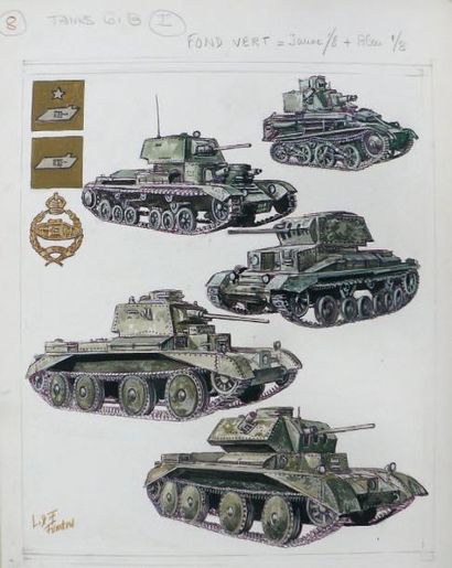 FUNCKEN. Fred. (Né en 1923) «Tanks G.B.». Gouache sur carton pour une illustration...