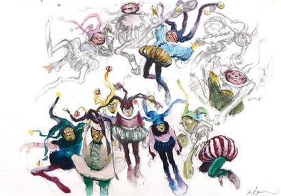 FOLLET. René. (Né en 1931) «Carnaval». Gouache couleurs sur papier. 48 x 33 cm. Signé...