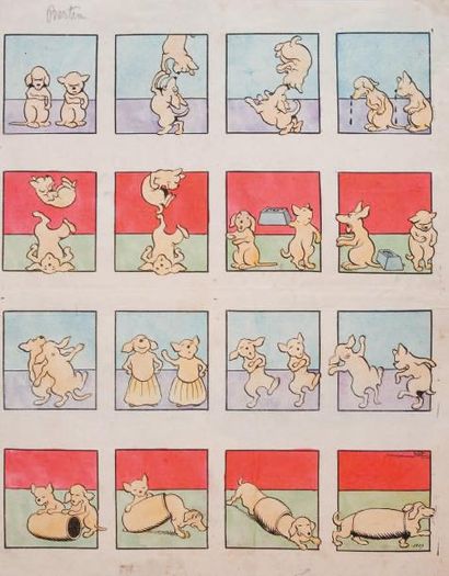 RABIER. Benjamin. (1864-1939) «La danse des deux chiens». Gouache sur papier pour...