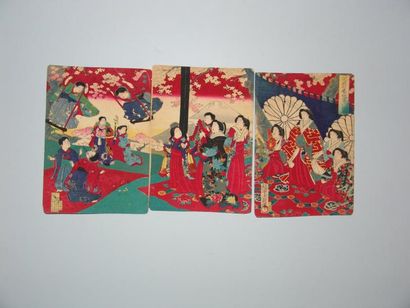 JAPON Triptyque de Chikanobu, la fête des garçons en mars. 1873