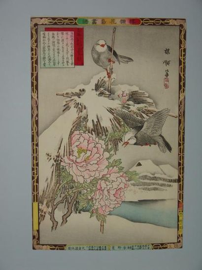 JAPON Estampe de Bairei, deux oiseaux dans un paysage enneigé. 1881
