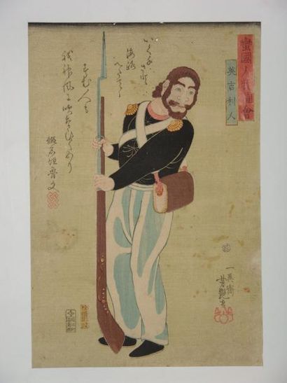 JAPON Estampe de Yoshitsuya, Yokohama, un soldat russe avec un fusil. 1861