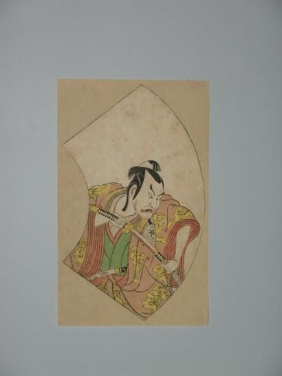 JAPON Estampe de Shunsho, l'acteur Morita Kanya dans un éventail. 1780
