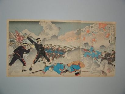 JAPON Deux triptyques de Nobukazu, scènes de la guerre sino-japonaise. 1894