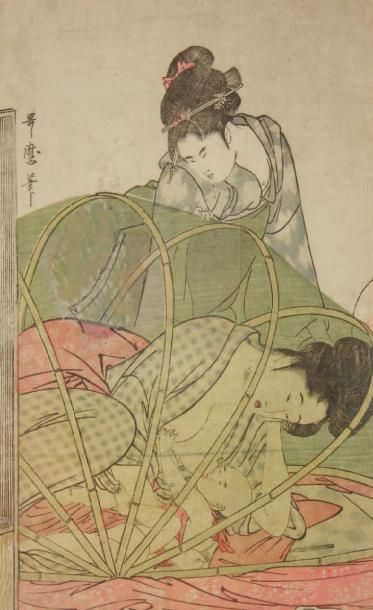 JAPON Estampe d'Utamaro, une jeune mère allaite son bébé sous une moustiquaire, observée...