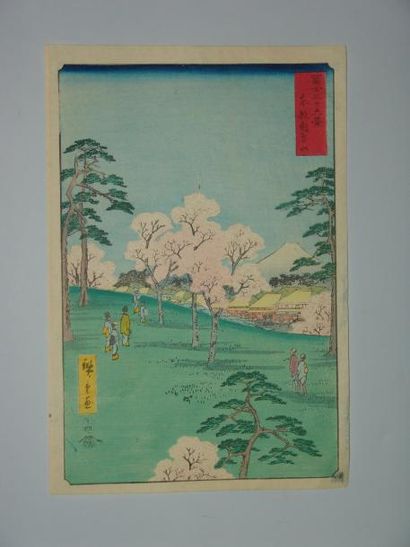 JAPON Estampe de Hiroshige, série des 36 vues du Fuji, le mont Asuka à Edo avec vue...