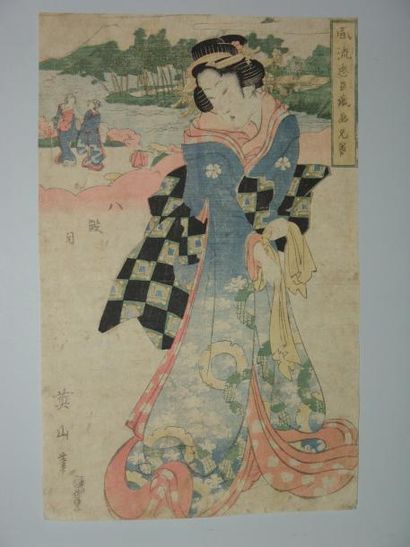JAPON Estampe d'Eizan, une jeune femme nouant son obi. Vers 1820