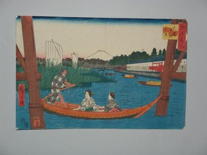 JAPON Estampe de Hiroshige, série Edo Meisho, la promenade en bateau sous le pont...
