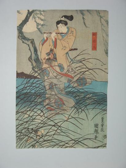 JAPON Estampe de Kunitsuna, le légendaire héros Yoshitsune joue de la flûte. Vers...