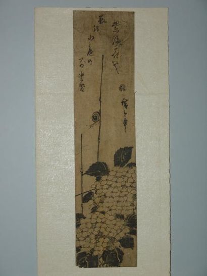 JAPON Estampe de Hiroshige, chuntanzaku, un petit escargot au-dessus des hortensias....