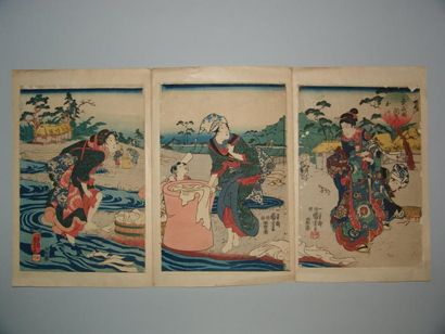 JAPON Triptyque de Kuniyoshi, les lavandières au bord de la rivière. Vers 1847