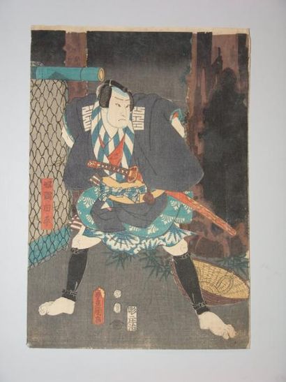 JAPON Estampe de Toyokuni III, un samouraï devant une palissade. 1854