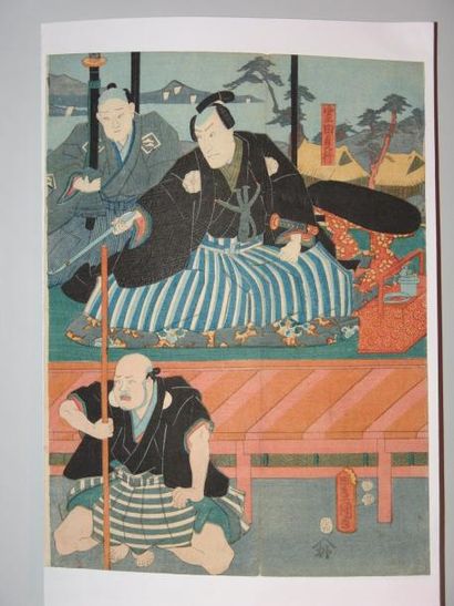 JAPON Estampe de Toyokuni III, un daimyo tenant sa kizeru assis avec deux serviteurs....