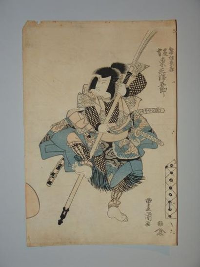 JAPON Etampe de Toyokuni I, l'acteur Bando Mitsugoro en samouraï tenant une naginata....
