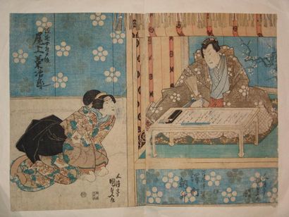 JAPON Estampe de Kunisada, un prince assis à sa table de calligraphie regardant sa...