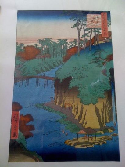 JAPON Estampe de Hiroshige, série des 100 vues d'Edo, station 88, chute de la rivière...