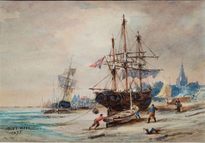 Jules Achille NOEL (1810-1881) 
Arrivée au port, 1875
Aquarelle signée en bas à gauche...