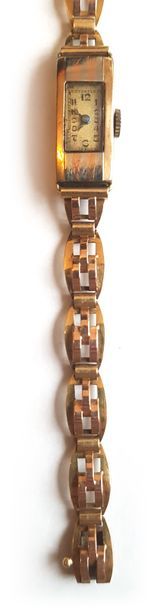 null Ladies' watch bracelet in yellow gold 750 thousandths, rectangular watch in...