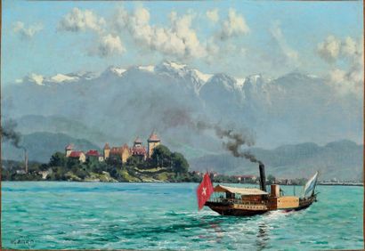 William Baptiste BAIRD (1847-1917) 
Paysage animé en Suisse
Huile sur toile signée...